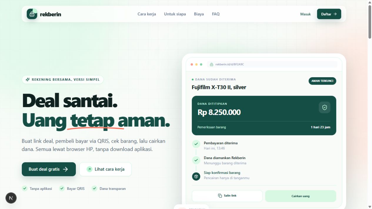 Rekberin landing page showing an escrow payment deal preview